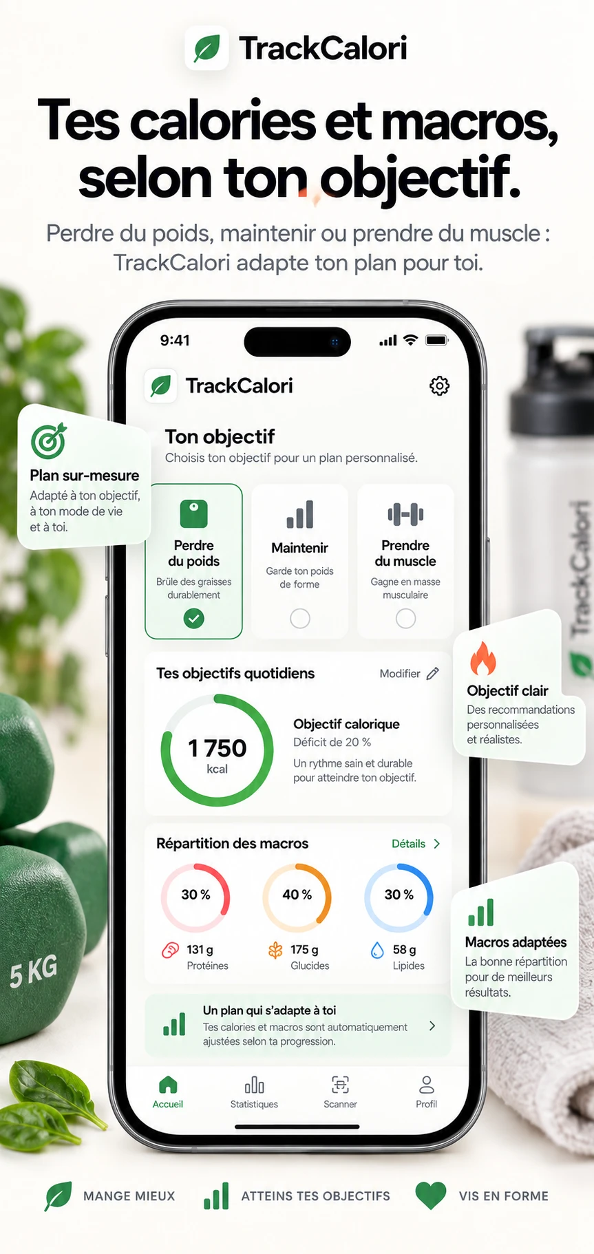 Écran TrackCalori pour choisir son objectif (perdre du poids, maintenir, prendre du muscle) avec calories et macros du jour