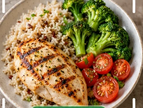 Assiette de poulet grillé, riz et brocoli scannée par l'IA de TrackCalori